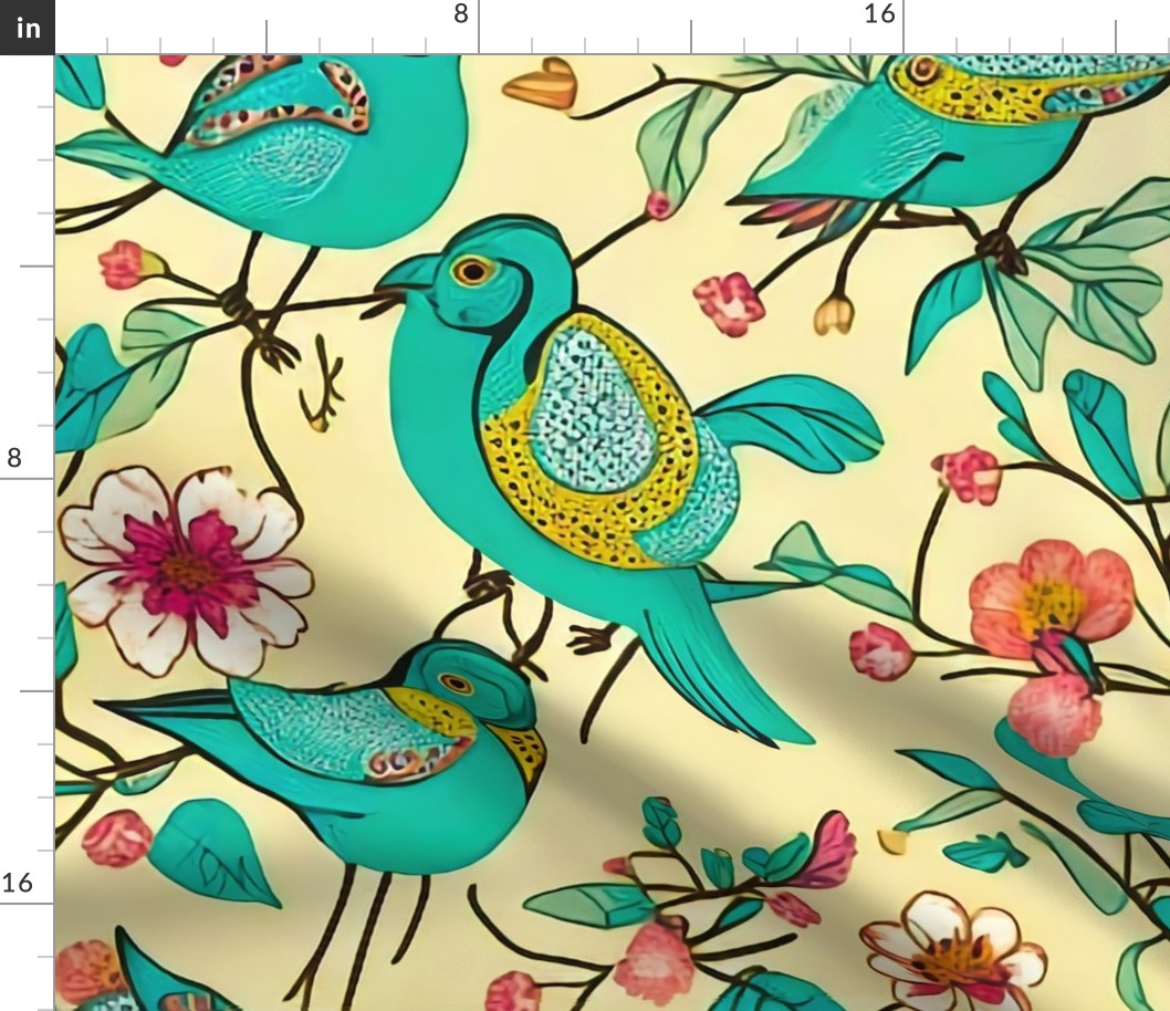 Green birds on beige background