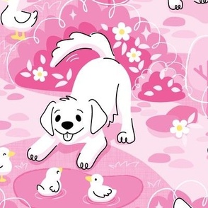 Golden Retriever Puppy in Pink Garden_50Size