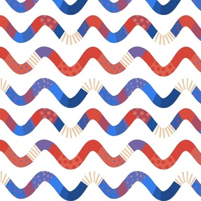 cute blue, red and yellow  little wavy lines on white - medium scale