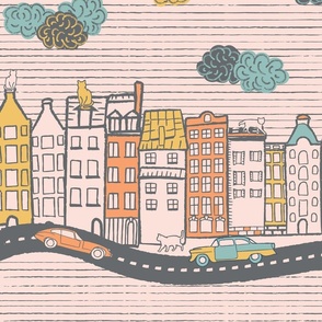 Kids' cityscape with houses and cars in retro style