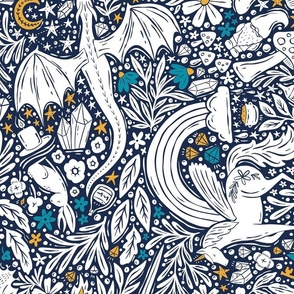 Maximalist Fairytale Magic - dragons, gnomes, jackalopes, unicorns, mushrooms, gems - navy blue, white, teal, yellow - large