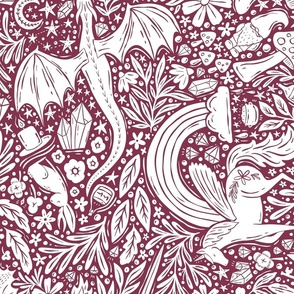 Maximalist Fairytale Magic - dragons, gnomes, jackalopes, unicorns, mushrooms, gems - maroon and white - large