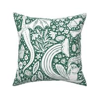 Maximalist Fairytale Magic - dragons, gnomes, jackalopes, unicorns, mushrooms, gems - green and white - large