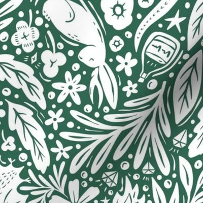 Maximalist Fairytale Magic - dragons, gnomes, jackalopes, unicorns, mushrooms, gems - green and white - large