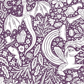 Maximalist Fairytale Magic - dragons, gnomes, jackalopes, unicorns, mushrooms, gems - purple and white - large