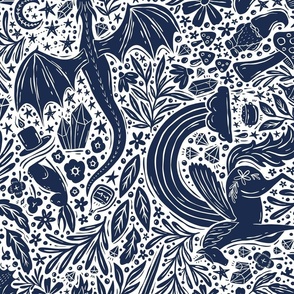 Maximalist Fairytale Magic - dragons, gnomes, jackalopes, unicorns, mushrooms, gems - navy blue and white - large