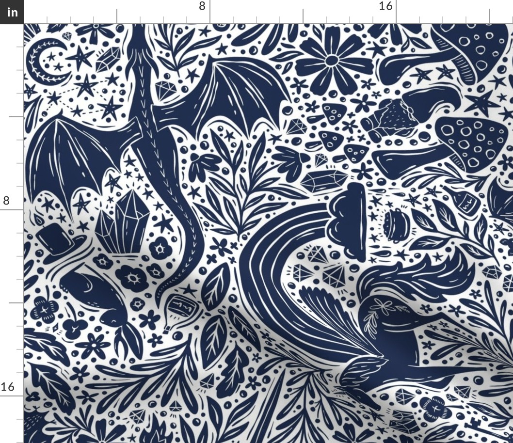 Maximalist Fairytale Magic - dragons, gnomes, jackalopes, unicorns, mushrooms, gems - navy blue and white - large