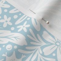 Maximalist Fairytale Magic - dragons, gnomes, jackalopes, unicorns, mushrooms, gems - light powder blue and white - large