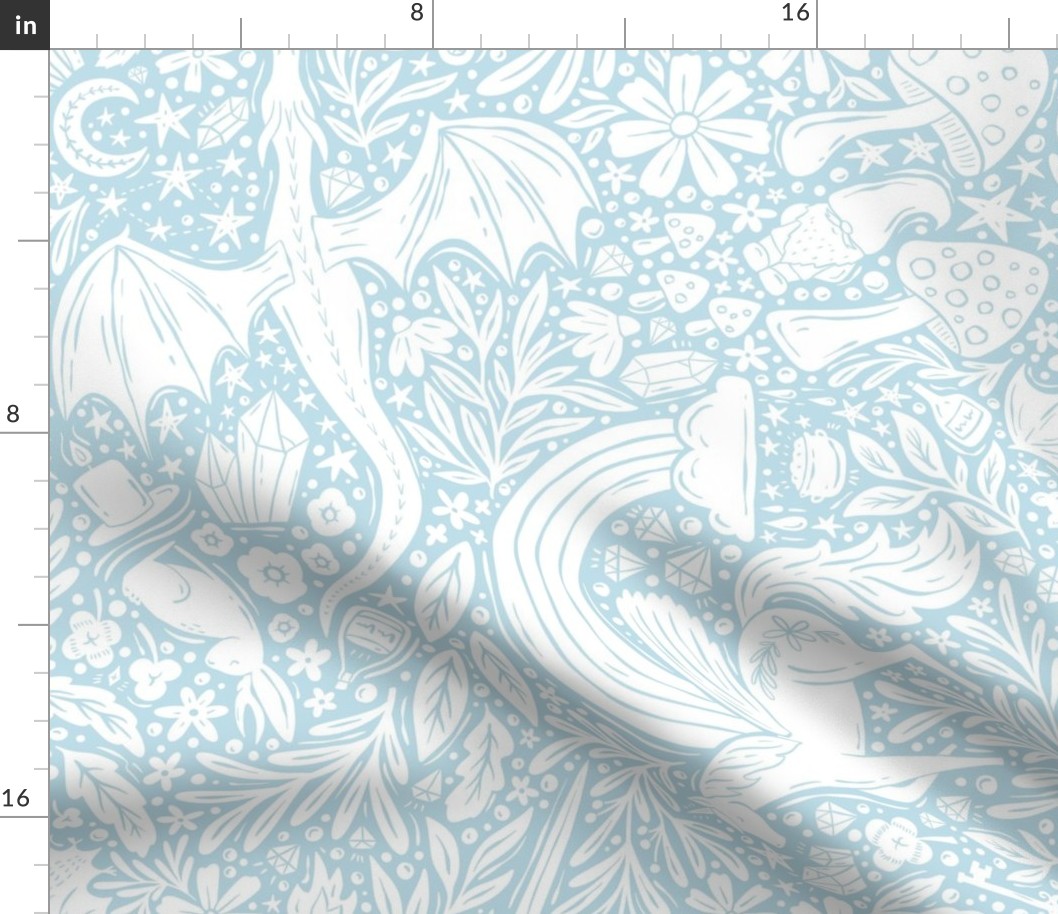 Maximalist Fairytale Magic - dragons, gnomes, jackalopes, unicorns, mushrooms, gems - light powder blue and white - large