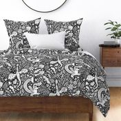 Maximalist Fairytale Magic - dragons, gnomes, jackalopes, unicorns, mushrooms, gems - black and white - large