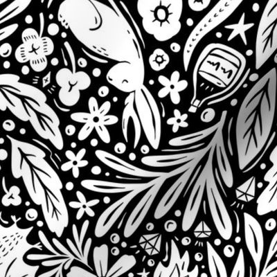 Maximalist Fairytale Magic - dragons, gnomes, jackalopes, unicorns, mushrooms, gems - black and white - large