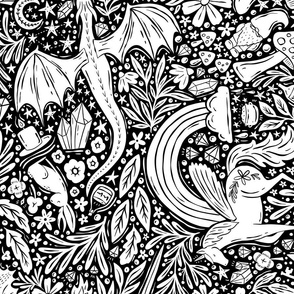 Maximalist Fairytale Magic - dragons, gnomes, jackalopes, unicorns, mushrooms, gems - black and white - large