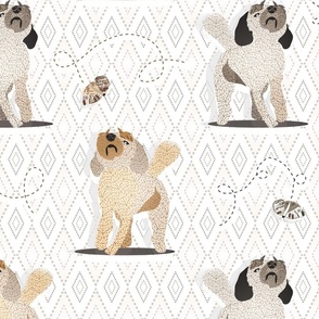 Keep Your Chin Up!  Doodle Dogs, Doodles and Butterflies LARGE Scale—6000, v08; checkerboard, checker, check, diamond, dog, puppy, golden doodle, butterfly, neutral, earth tone, brown, tan, beige, cute, cuter, cutest, kid, tween, sheets,  bedding, duvet, 