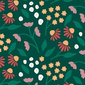 Cute colourful flowers leaves on green background