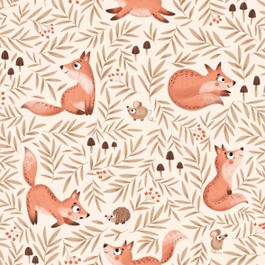 Cute Foxes, Mice and Mushrooms, monochromatic fall pattern, large scale