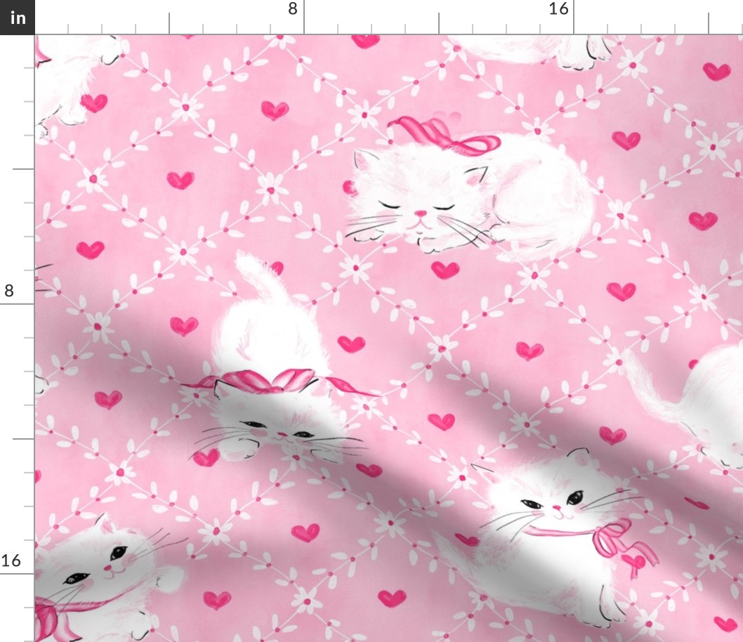 purrsians white kittens on pink with hearts large scale