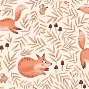 Cute orange foxes and light brown fall leaves on cream, medium scale