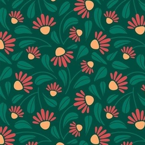Cute red flowers leaves on green background
