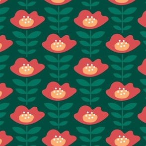 Cute red yellow flowers leaves on dark green background