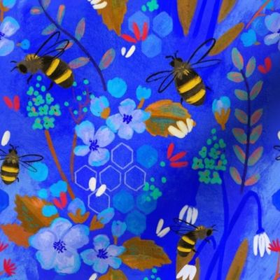 Honey Bees & apple flowers | 8x8 in | Ultramarine - Magenta