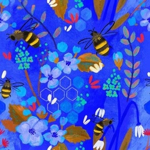 Honey Bees & apple flowers | 8x8 in | Ultramarine - Magenta