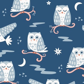 Tuwit Tuwoo, dark blue (Large) - sleepy cute owls, moon and stars