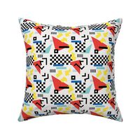 Retro Vibes - Nineties neon memphis style - abstract racer check pop tv music theme plaid triangles and geometric shapes  retro pop culture black and white yellow red blue on ivory SMALL