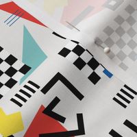 Retro Vibes - Nineties neon memphis style - abstract racer check pop tv music theme plaid triangles and geometric shapes  retro pop culture black and white yellow red blue on ivory SMALL