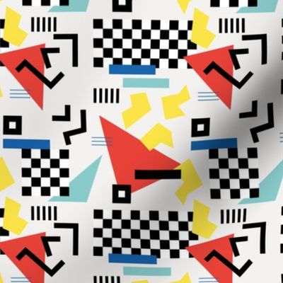 Retro Vibes - Nineties neon memphis style - abstract racer check pop tv music theme plaid triangles and geometric shapes  retro pop culture black and white yellow red blue on ivory SMALL