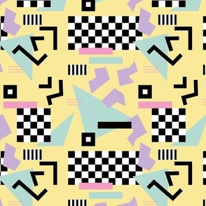 Retro Vibes - Nineties neon memphis style - abstract racer check pop tv music theme plaid triangles and geometric shapes  retro pop culture black and white pastel mint pink lilac on yellow SMALL