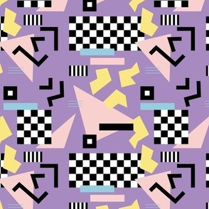 Retro Vibes - Nineties neon memphis style - abstract racer check pop tv music theme plaid triangles and geometric shapes  retro pop culture black and white mint yellow pink on lilac purple SMALL