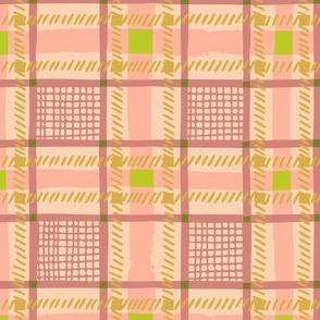 Hand-Drawn Plaid in Large Scale in Coral Sprouts