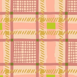 Hand-Drawn Plaid in Extra Large Scale in Coral Sprouts
