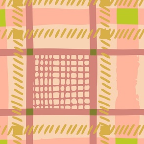 Hand-Drawn Plaid in Jumbo Scale in Coral Sprouts