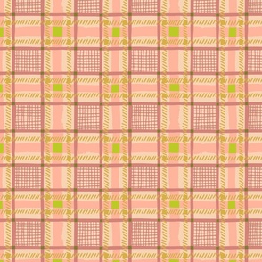 Hand-Drawn Plaid in Medium Scale in Coral Sprouts