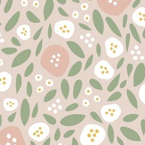 Cute pink white flowers leaves on beige background