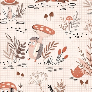 Cute Hedgehogs and red mushrooms nursery wallpaper, warm neutral colors, large scale