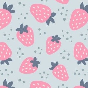 Pink tossed strawberries on light blue background - small scale 5" repeat