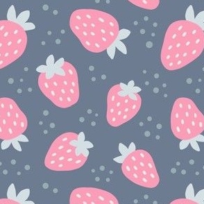 Pink tossed strawberries on medium blue background - small scale 5" repeat