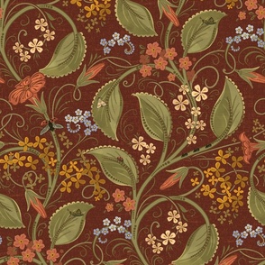 (L) v.2.1 Every Weed Is a Flower on Chestnut Red / Textured WGD-151 background / Weeds and Bugs in Arts and Crafts Style /  large scale 