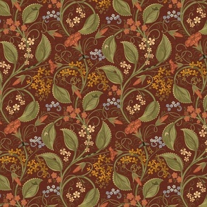 (M) v.2.1 Every Weed Is a Flower on Chestnut Red / Textured WGD-151 background / Weeds and Bugs in Arts and Crafts Style /  medium scale 