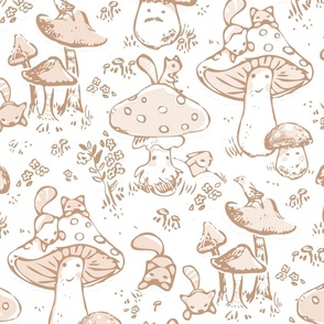 Hand drawn Whimsy woodland mushroom garden  WARM NEUTRAL _medium scale