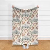 Cute Boho Dragons with mountain, clouds and rainbow - muted colourful, kids, nursery - extra large