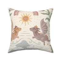 Cute Boho Dragons with mountain, clouds and rainbow - muted colourful, kids, nursery - extra large