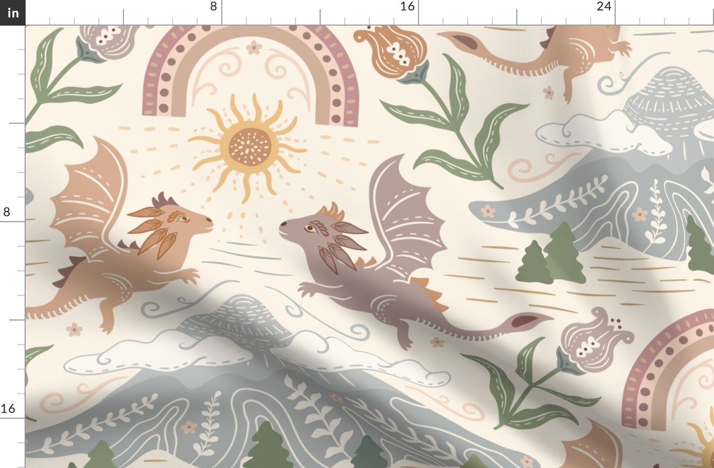 Cute Boho Dragons with mountain, clouds and rainbow - muted colourful, kids, nursery - extra large