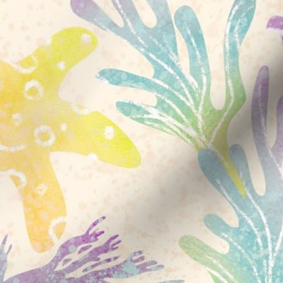 Cute seahorses and starfish | seaside coastal rainbow | seaweed underwater watercolor in pastels: blue, lilac, orange, yellow, green, off white cream ivory