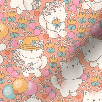 Cute kawaii kittens in flowers. Orange. Small