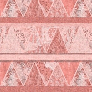 Pyramid mountain cheater patchwork with burlap hessian overlay texture in horizontal stripes  6” repeat in pale coral, peach and pale pink hues
