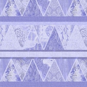Pyramid mountain cheater patchwork with burlap hessian overlay texture in horizontal stripes  6” repeat in lilac hues