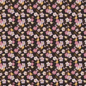 Whimsical Trailing Floral Garden Pattern with Birds - Ebony & Grey, Mauve, Lavender, Magenta and Yellow - Small Scale
